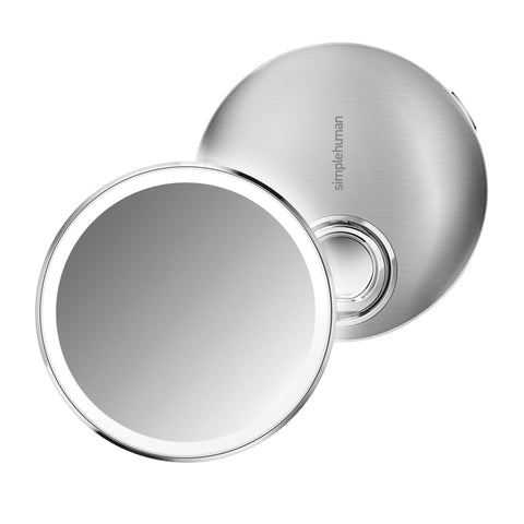 Sensor mirror compact with case, brushed stainless steel